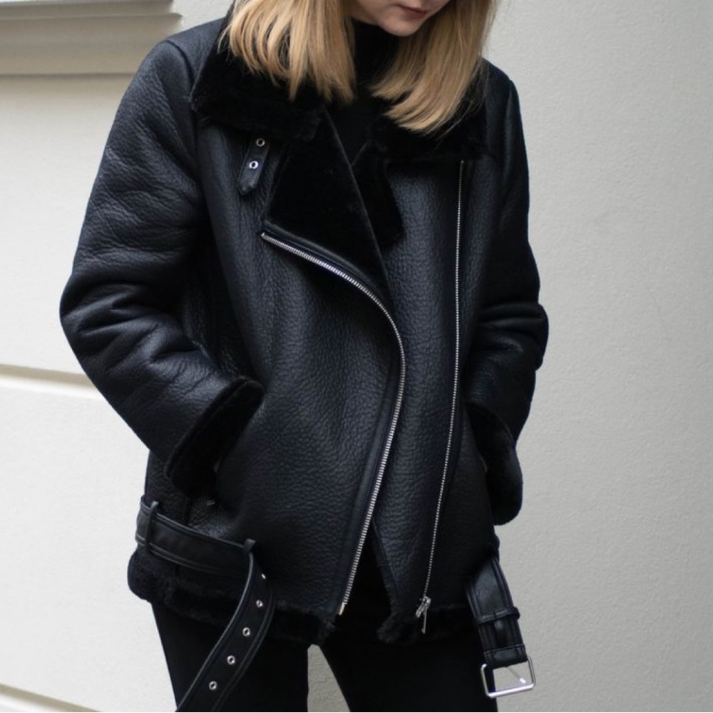 Zara Oversized Moto Shearling Jacket / Size L